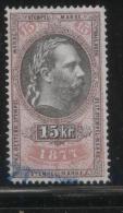 AUSTRIA 1877 EMPEROR FRANZ-JOZEF 15KR ROSE & BLACK REVENUE PERF 13.25 X 12.75 BAREFOOT 218 ERLER 137 - Steuermarken