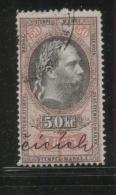 AUSTRIA 1877 EMPEROR FRANZ-JOZEF 50KR ROSE & BLACK REVENUE PERF 12.75 X 12.75 BAREFOOT 219 ERLER 138 - Fiscale Zegels