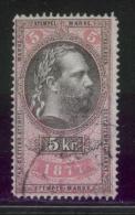 AUSTRIA 1877 EMPEROR FRANZ-JOZEF 5KR ROSE & BLACK REVENUE PERF 12.75 X 13.00 BAREFOOT 214 ERLER 133 - Revenue Stamps