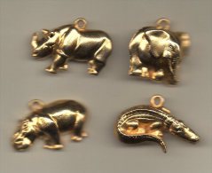 Série 4  Fèves Plates Pendentif  Métal OR  - ANIMAUX D´AFRIQUE Hippopotame, Crocodile, Rhinocéros & éléphant - Tiere