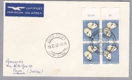 Schweiz Flugpost 1957-02-09 Swissair Mittelholzer Gedenkflug Nach Cape Town Mit Viererblock 1956 PJ 40 Rp - Premiers Vols