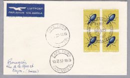 Schweiz Flugpost 1957-02-09 Swissair Mittelholzergedenkflug CAPETOWN  Mit Viererblock 1956 PJ 30 Rp - Premiers Vols