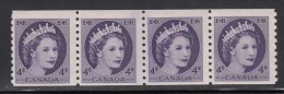 Canada MNH Scott #347i Jump Strip Of 4 4c Queen Elizabeth II, Wilding - Coil Stamps