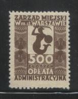 POLAND WARSAW MUNICIPAL REVENUE 1945 500ZL BROWN MERMAID NHM MERMAIDS - Fiscali