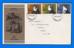 GB 1971-0003, Literary Anniversaries FDC, London W.C. HS (2 Scans) - 1952-1971 Em. Prédécimales