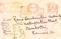 India 1950 Advertisement Meter Franking - 3/4 Anna From Madras-" Insure With - New India And Feel Safe"- - Covers & Documents