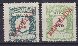 Macau 1911 Mi. 11-12   Ziffernzeichnung Portomarken Overprinted REPUBLICA, MH* - Timbres-taxe