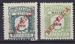 Macau 1911 Mi. 11-12   Ziffernzeichnung Portomarken Overprinted REPUBLICA, MH* - Portomarken