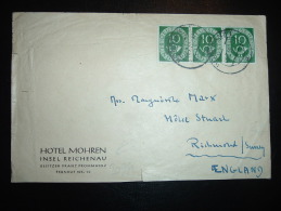 LETTRE POUR ANGLETERRE TP COR DE CHASSE 10 X3 OBL. 03-7-52 KOMSTANZ 1 + HOTEL MOHREN INSEL REICHENAU - Briefe U. Dokumente