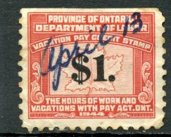 Canada 1951 $1.00 Ontario Vacation Pay Issue #OV10 - Fiscale Zegels