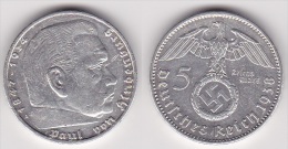 ALLEMAGNE : 5 REICHSMARK 1938 A - Hindenburg - En Argent - Voir Scan - 5 Reichsmark