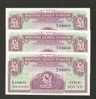 British Armed Forces 4th Edition 3 X 1 Pound Banknote Serial Number UNC 1962 - British Armed Forces & Special Vouchers
