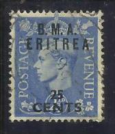 OCCUPAZIONI STRANIERE ERITREA 1948 1949 B. M. A. 25 CENT. SU 2 1/2 P BMA USATO USED OBLITERE' - Eritrée