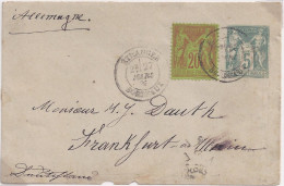 France - Entier Sage 5 C Vert + Timbre 20 C (Y&T N° 96) De Bordeaux Pour L'Allemagne - 27 Mars 1885 - Autres & Non Classés