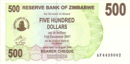 ZIMBABWE    500 Dollars  Bearer Cheque  Daté Du 01-08-2006  Pick 43     ***** QUALITE  XF  ***** - Simbabwe