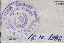 1986 Romanian Communist Party - Seal On Ticket Arrival In Local Organization - Gebührenstempel, Impoststempel