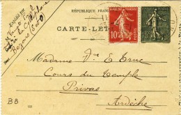 ENTIER POSTAL  # CARTE -LETTRE # SEMEUSE LIGNEE 15 C VERT+ SEMEUSE 10 C ROUGE  # 1919 #  REF :STORCH -FRANCON # B 8 - Cartes-lettres