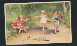 ENFANTS -  Jolie Carte Fantaisie Enfants Cueillant Des Fleurs "Bonne Fête" Signée HANNES PETERSEN - Petersen, Hannes