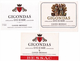 Lot De 3 étiquettes Gigondas (Côtes-du-Rhône), Caves Bessac, Chateauneuf-du-Pape - Côtes Du Rhône