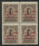 EMISSIONI LOCALI 1945 GUIDIZZOLO RECAPITO SOPRASTAMPATO IN ROSSO OVERPRINTED RED LIRE 1 SU 10 CENT.  QUARTINA BLOCK MNH - Emissioni Locali/autonome