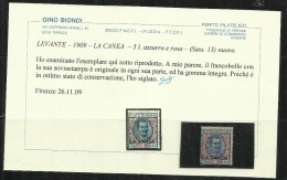 LA CANEA 1905 ITALY OVERPRINTED SOPRASTAMPATO D´ITALIA  LIRE 5  MNH CERTIFICATO - La Canea