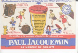 BUVARD-PUB-MOUTARDE PAUL JACQUEMIN-DECORS DES CADEAUX -MONTRE-APPAREIL PHOTO-BALLON CONTRE DES CAPSULES-14 Cm X 20,7 Cm- - Mostard