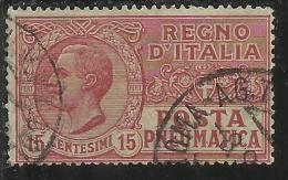 ITALIA REGNO ITALY KINGDOM 1927 POSTA PNEUMATICA V.E.III CENT.15 VIOLETTO ROSSO USED - Poste Pneumatique