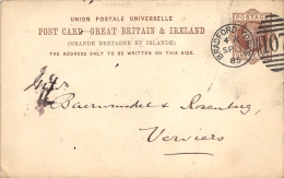 Post Card Great Britain & Ireland 1885 Pour Verviers - Entiers Postaux