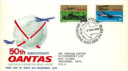 1970   Qantas  Airline 50th Anniversary  FDC To USA - Primo Giorno D'emissione (FDC)