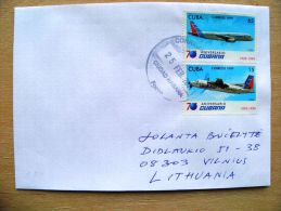 Postal Used Cover Sent  To Lithuania, Plane Avion 1999 Cubana 70 Aniversario - Storia Postale