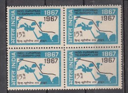 INDIA, 1967,  Indo European Telegraph Service, Telecom . Map, Block Of 4,  MNH, (**) - Ungebraucht