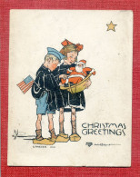 Carte 8,5/11cm : Christmas Gretting : Garçon Avec Drapeau Américain & Une Fillette Tenant 1 Père Noël  Anita Park ???? - War 1914-18