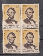 INDIA, 1965,  Death Centenary Of Abraham Lincoln, Statesman And Humanitarian,  Block Of 4, MNH, (**) - Ongebruikt