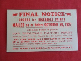 Final Notice Ingersoll Paints 1937 Brooklyn NY Machine Stamp & Cancel  Ref 1265 - Brooklyn
