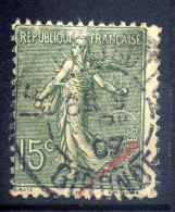 1907--Semeuse Lignée  N° 130--15c  Vert-gris --datée   1907---maculé (trait Rouge)---variété  ????--cachet  Gironde-33 - 1903-60 Säerin, Untergrund Schraffiert