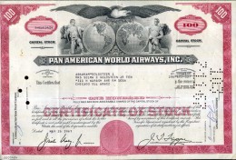 X CERTIFICATO AZIONARIO PAN AMERICAN WORLD AIRWAYS INC 1967 100 SHARES STOCK - Aviazione