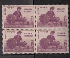 INDIA, 1963,  15th Anniv Of Declaration Of Human Rights (picture -Eleanor Roosvelt). Block Of 4, MNH, (**) - Nuovi