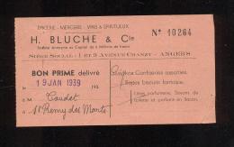 Bon Prime  -  Ets H. Bluche Et Cie  1 Et 3 Av Chanzy à Angers (49)- Bénéficiaire Caudet à St Rémy Des Monts (72) -1939 - Bons & Nécessité