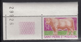 St Pierre Et Miquelon 1970 MNH Sc 406 34fr Charolais Bull, Margin Copy - Unused Stamps