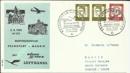 Delcampe - PRIMER VUELO FRANKFURT MADRID 1963 LUFTHANSA AL DORSO MAT LLEGADA - Briefe U. Dokumente