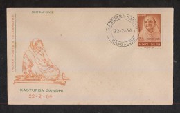 INDIA, 1964, FDC, 20th Death Anniversary Of Kasturba Gandhi,  W/o Mahatma Gandhi, Bangalore  Cancellation - Covers & Documents