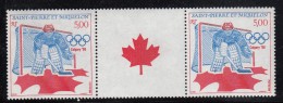 St Pierre Et Miquelon 1988 MNH Sc 508 5fr Hockey Goaltender Calgary Olympics Pair With Maple Leaf Label - Unused Stamps