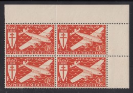 St Pierre Et Miquelon 1942 MNH Sc C1 Corner Block Of 4 1fr Airplane, Dark Orange - Nuevos