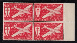 St Pierre Et Miquelon 1942 MNH Sc C2 Margin Block Of 4 1.50fr Airplane, Bright Red - Nuevos