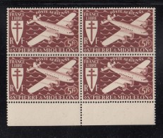 St Pierre Et Miquelon 1942 MNH Sc C3 Margin Block Of 4 5fr Airplane, Brown Red - Nuevos