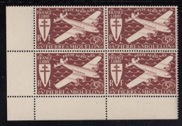 St Pierre Et Miquelon 1942 MNH Sc C3 Corner Block Of 4 5fr Airplane, Brown Red - Neufs