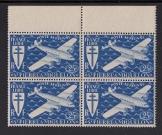 St Pierre Et Miquelon 1942 MNH Sc C5 Margin Block Of 4 25fr Airplane, Ultramarine - Nuevos