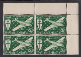 St Pierre Et Miquelon 1942 MNH Sc C6 Corner Block Of 4 50fr Airplane, Dark Green - Nuovi