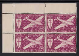 St Pierre Et Miquelon 1942 MNH Sc C7 Corner Block Of 4 100fr Airplane, Plum - Nuevos