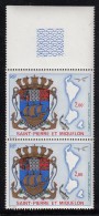 St Pierre Et Miquelon 1974 MNH Sc C55 Margin Pair 2fr Arms, Map Of Islands, Fish, Bird - Nuevos